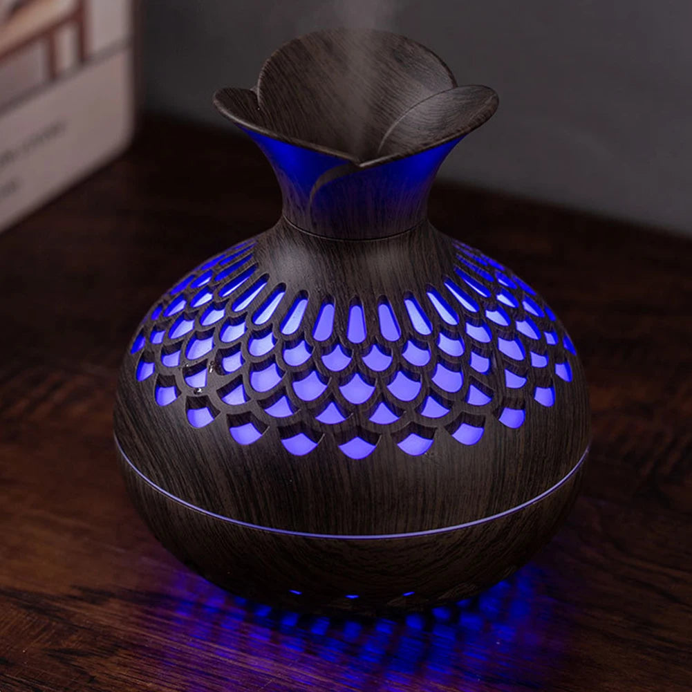 300ML Wood Grain Flower Humidifier Silent Aromatherapy Diffuser USB Rechargeable Mini Humidifier with Colourful Night Light - petguardiansupplies