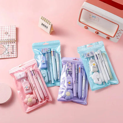 7-In-1 Stationery Set Children Back To School Gel Pen Highlighter Ballpoint Pen Eternal Pencil Tape Eraser Knife Kids Prize - petguardiansupplies