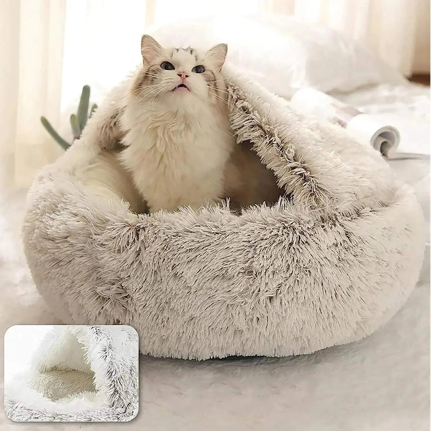 Soft Plush Pet Bed with Cover Round Cat Bed Pet Mattress Warm Cat Dog 2 in 1 Sleeping Nest Cave for Small Dogs - petguardiansupplies