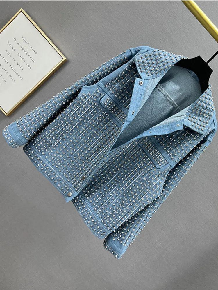 [EWQ] Streetwear Patchwork Rivet Denim Jacket Women Fashion Lapel Long Sleeve Loose Coats Female Outerwear 2024 Autumn New Trend - petguardiansupplies