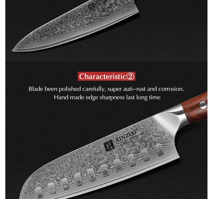 XINZUO 1PCS or 3PCS Kitchen Knife Sets Japanese Forged Damascus Steel Chef Santoku Knives Stainless Steel Rosewood Handle - petguardiansupplies