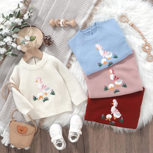 FOCUSNORM 4 Colors Lovely Baby Girls Sweater 0-3Y Cartoon Duck Embroidery Long Sleeve Pullovers Fall Winter Kids Jumpers Tops - petguardiansupplies