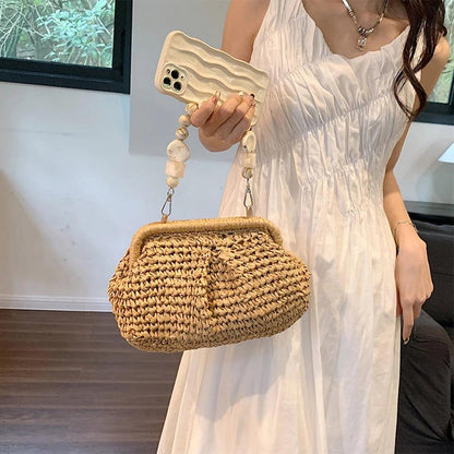 Summer Beach Straw Bags Exquisite Gold Chain Party Banquet Purse Hand Woven Handbag Female Clutch Bag Shoulder Crossbody Bags - petguardiansupplies