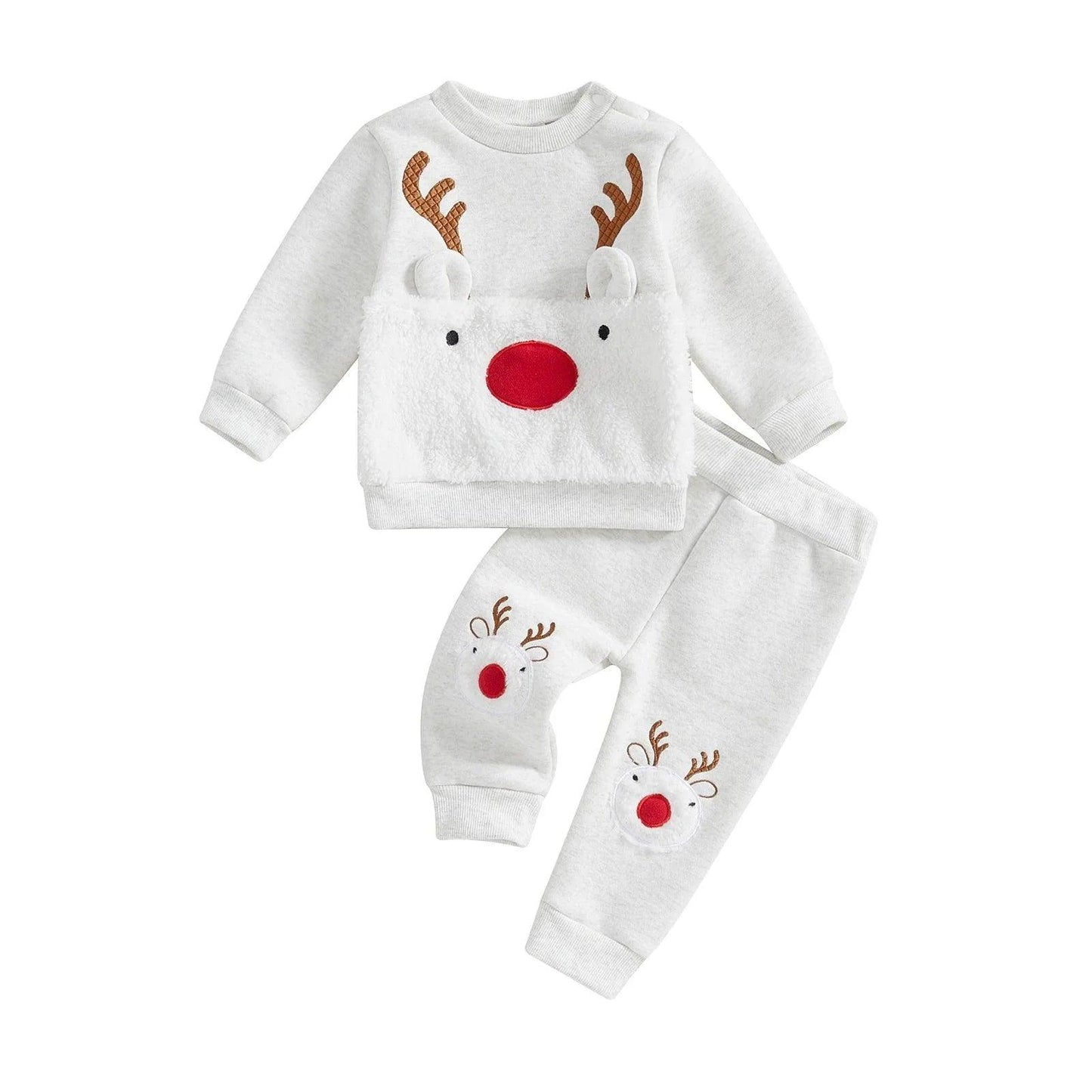 FOCUSNORM 0-3Y Autumn Winter Baby Girls Boys Christmas Clothes Sets Fur Reindeer Embroidery Long Sleeve Sweatshirt with Pants - petguardiansupplies