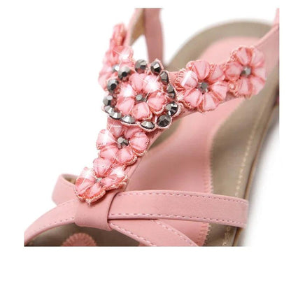 TIMETANGComfortable Flat Heel Sandals Women Large Size Summer Shoes Woman Bohemia Flowers Rhinestone Beach Ladies Shoes - petguardiansupplies