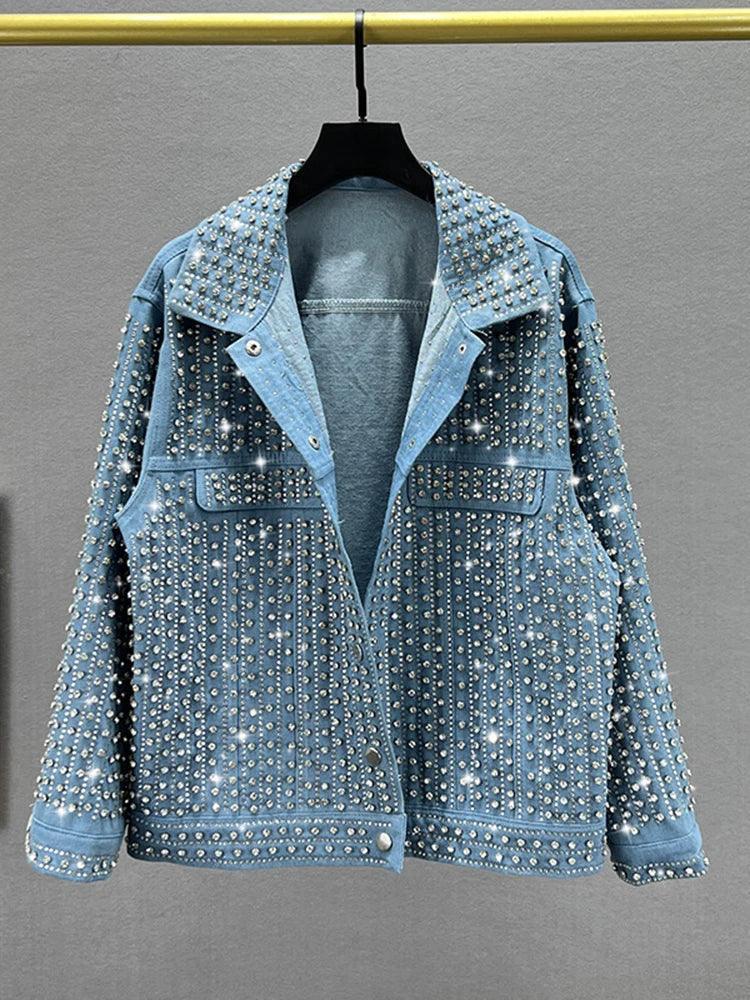 [EWQ] Streetwear Patchwork Rivet Denim Jacket Women Fashion Lapel Long Sleeve Loose Coats Female Outerwear 2024 Autumn New Trend - petguardiansupplies