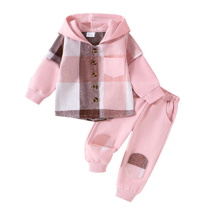 FOCUSNORM 0-4Y Toddler Little Boys Girls Clothes Set Color Patchwork Plaid Long Sleeve Button-up Hoodie Pants Outfits - petguardiansupplies