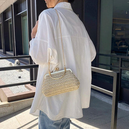 Summer Beach Straw Bags Exquisite Gold Chain Party Banquet Purse Hand Woven Handbag Female Clutch Bag Shoulder Crossbody Bags - petguardiansupplies