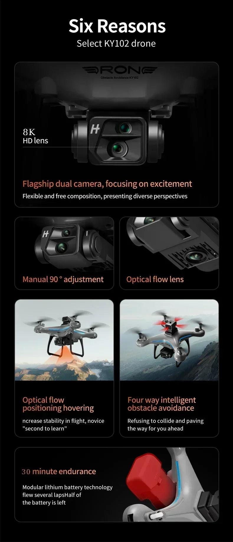 KY102 Drone Professional 8K HD Dual Camera Aerial 360 Obstacle Avoidance Optical Flow Four-Axis RC Aerocraft Drone 2024 New Toy - petguardiansupplies