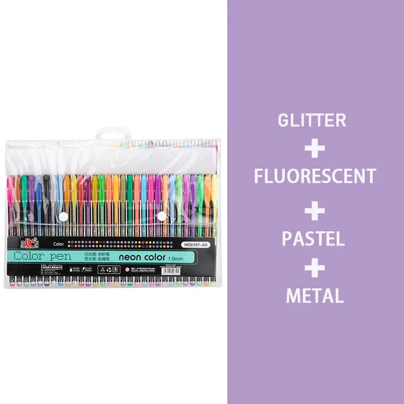 Kit 60 Colored Gel Pen Set, Glitter Metallic Pastel Neon Pen 12 24 36 48 Colors - petguardiansupplies