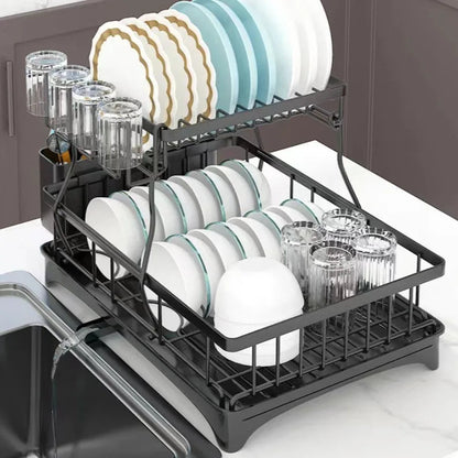 Large 2-tier dish drying rack for kitchen countertops, removable large-capacity dish draining rack - petguardiansupplies