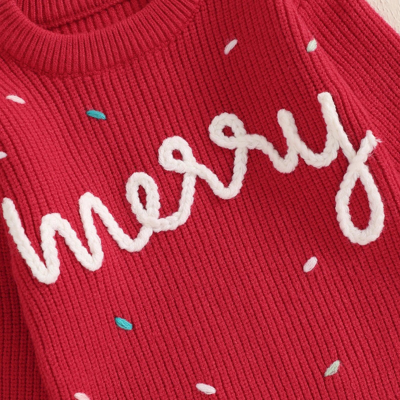 FOCUSNORM 0-3Y Winter Baby Girls Christmas Sweaters Xmas Letter Embroidered Long Sleeve Round Neck Ribbed Knitted Pullover - petguardiansupplies