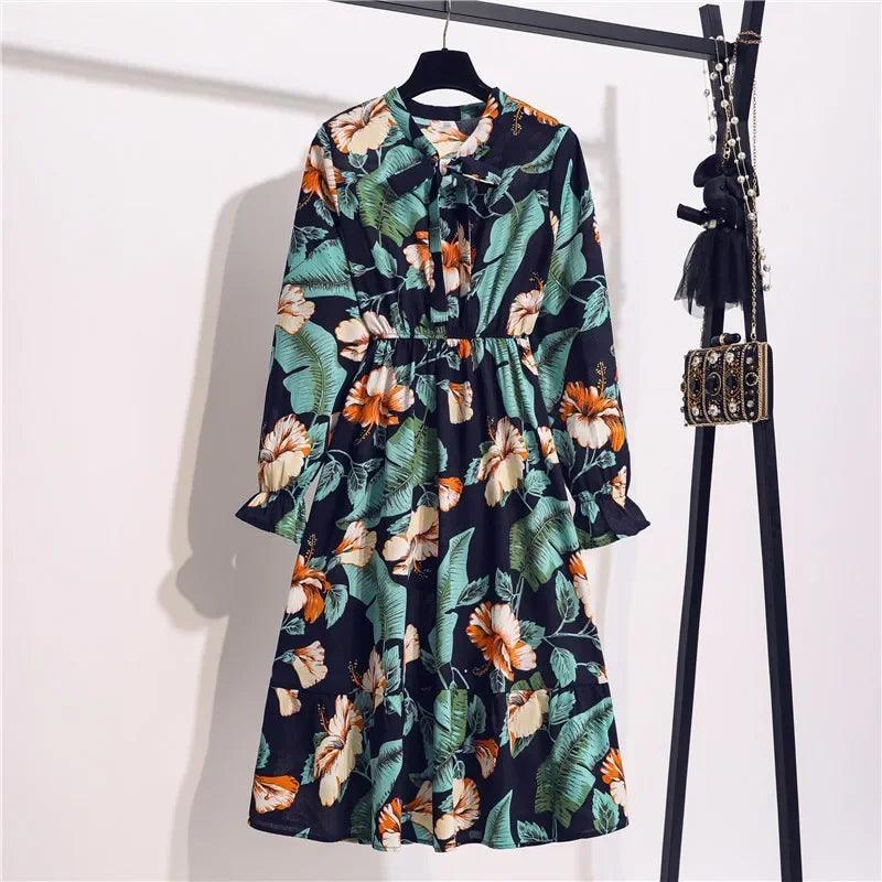 Elegant Women's Ruffle Edge Floral Print Dress Spring/autumn Waist-fitted Bow Tie Bottoming Dress - petguardiansupplies