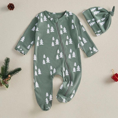 FOCUSNORM Newborn Baby Girls Boys Christmas Romper Sets Xmas Tree Print Long Sleeve Zip-Up Footed Jumpsuits Knot Hat - petguardiansupplies