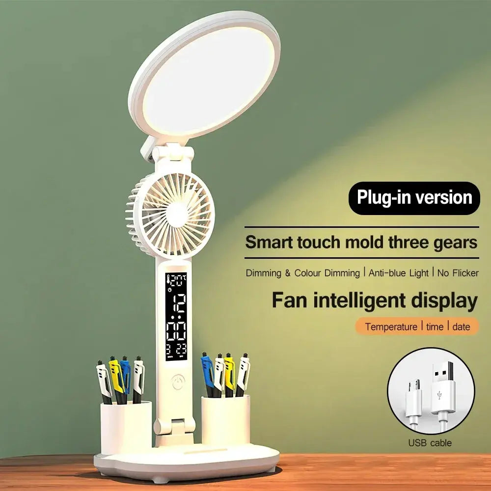 Rechargeable Foldable Touch LED Desk Lamp Table Light with Fan Calendar Clock Dispaly Eye Protection Study Reading Lamp - petguardiansupplies