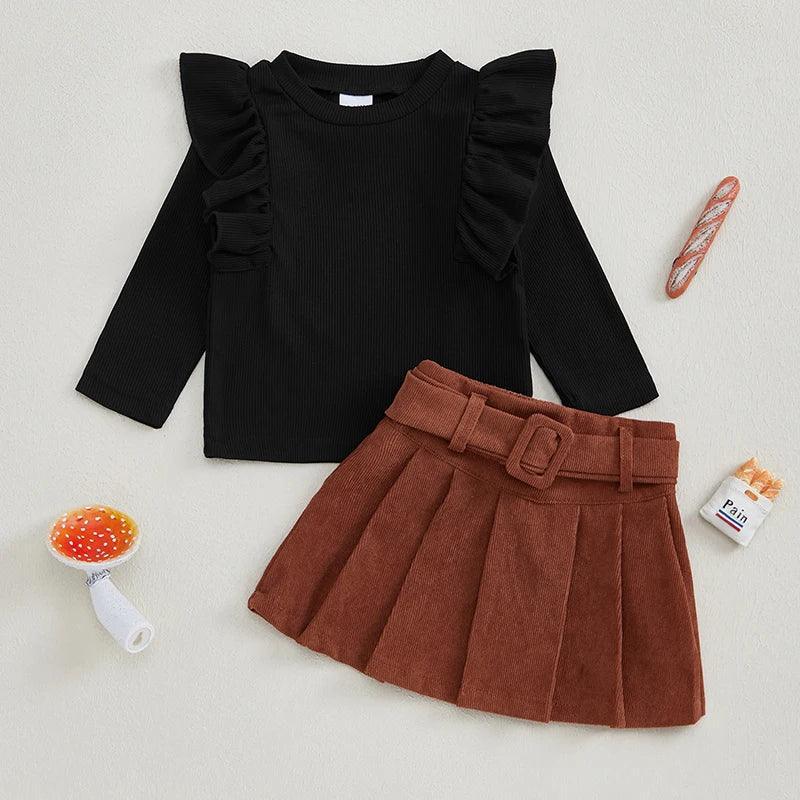 FOCUSNORM 0-4Y Little Kids Girls Autumn Clothes Set Long Sleeve Ruffled Solid Ribbed Tops Belt Short Pleated Skirts - petguardiansupplies