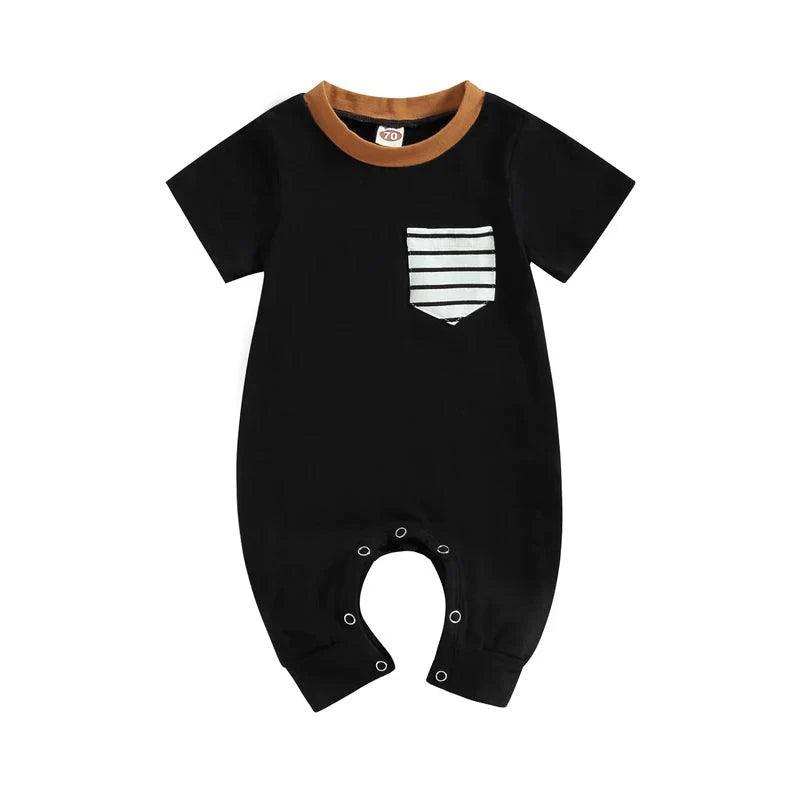 FOCUSNORM 0-18M Infant Baby Boys Casual Romper 2 Colors Patchwork Short Sleeve Striped Printed Pocket Jumpsuits - petguardiansupplies