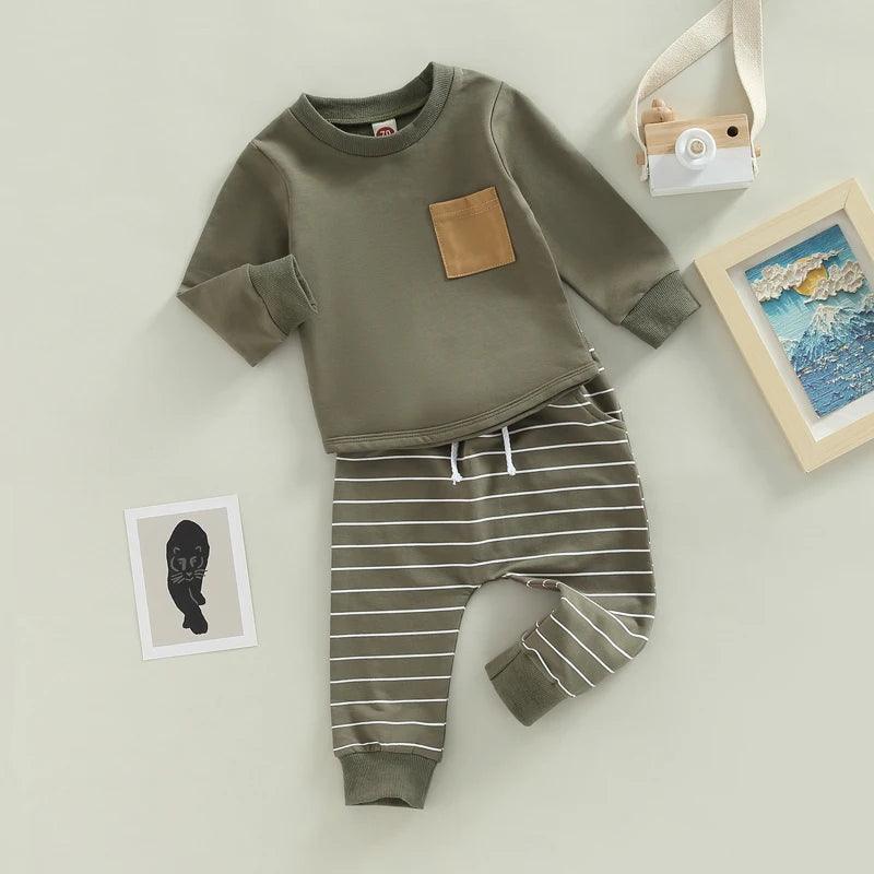 FOCUSNORM 0-3Y Autumn Causal Baby Boys 2pcs Clothes Sets Striped Patchwork Long Sleeve Pullover Pocket Sweatshirt Tops Pants - petguardiansupplies