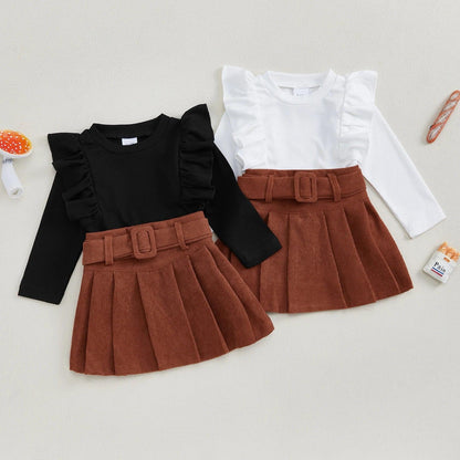 FOCUSNORM 0-4Y Little Kids Girls Autumn Clothes Set Long Sleeve Ruffled Solid Ribbed Tops Belt Short Pleated Skirts - petguardiansupplies