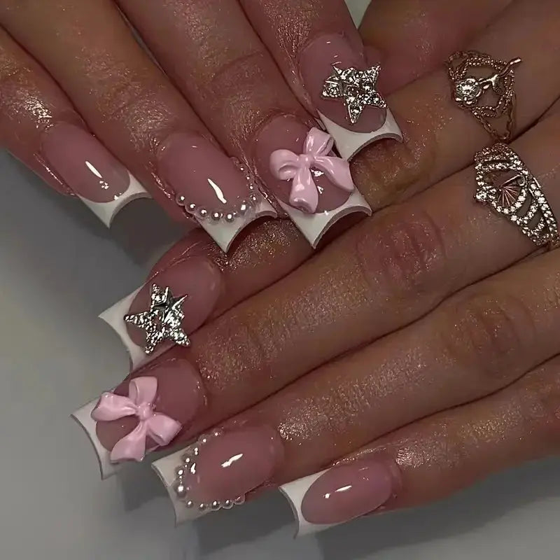 Pink French Style 3D Bowknot Press-On Nails-9