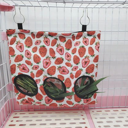 Guinea Pigs 2/3 Holes Hay Feeding Bags Strawberry Printed Rabbit Hanging Feeder Chinchilla Food Organizer Pet Cage Supplies - petguardiansupplies