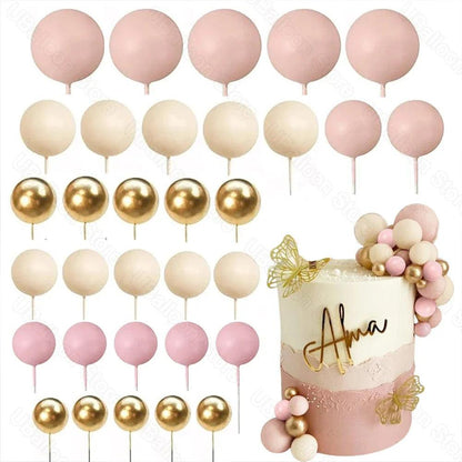 1 Set Pink Balls Cake Decorations 2-4cm Gold Boho Skin Baby Pink Cake Toppers for Birthday Wedding Baby Shower Party Cake Supply - petguardiansupplies