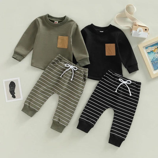 FOCUSNORM 0-3Y Autumn Causal Baby Boys 2pcs Clothes Sets Striped Patchwork Long Sleeve Pullover Pocket Sweatshirt Tops Pants - petguardiansupplies