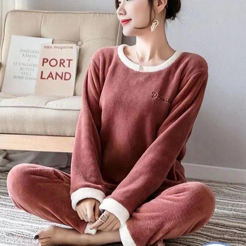 Thickened Warm Flannel Large Size Women Pajamas Set Long-Sleeved Autumn and Winter Warm Cartoon Bear Coral Velvet Sleepwear - petguardiansupplies