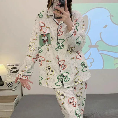 MINISO Kawaii Snoopy Anime Cartoon Cute Printed Pajamas Spring and Autumn Long sleeved Home Furnishing Two Piece Set - petguardiansupplies