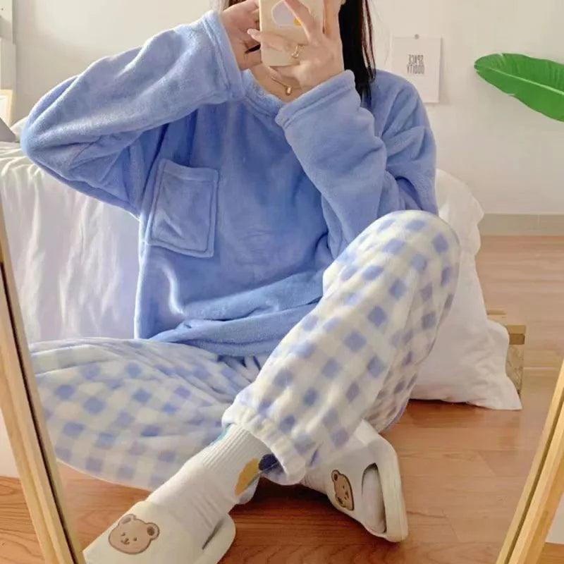 Thickened Warm Flannel Large Size Women Pajamas Set Long-Sleeved Autumn and Winter Warm Cartoon Bear Coral Velvet Sleepwear - petguardiansupplies