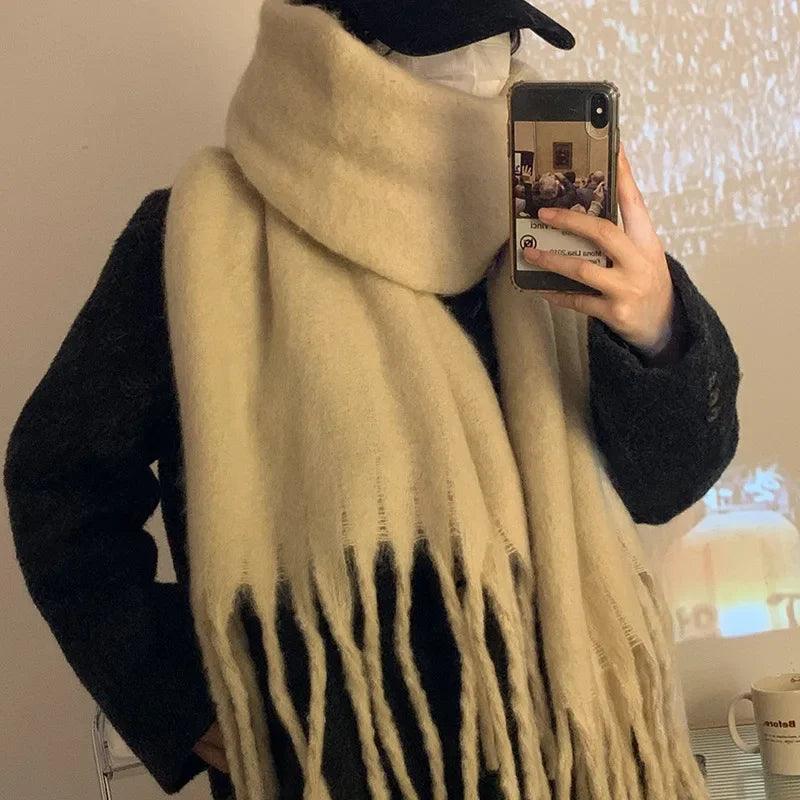 Thickened Solid Color Scarf Women's Winter New 2023 Korean Style Ins Winter Student Versatile Shawl Neck White - petguardiansupplies