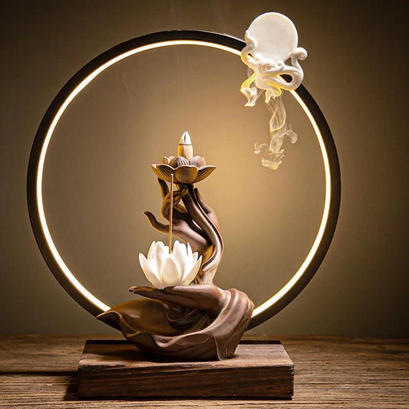 USB Light Ring Ornament LED Light Reflux Incense Burner Simulation Tree Ceramic Lotus Buddha Bead Home and Office Decoration - petguardiansupplies