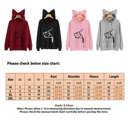 Women's Sweatshirt Cute Cat Ears Hooded Sweatshirt Fashion Cat Print Casual Long Sleeve Pullover - petguardiansupplies