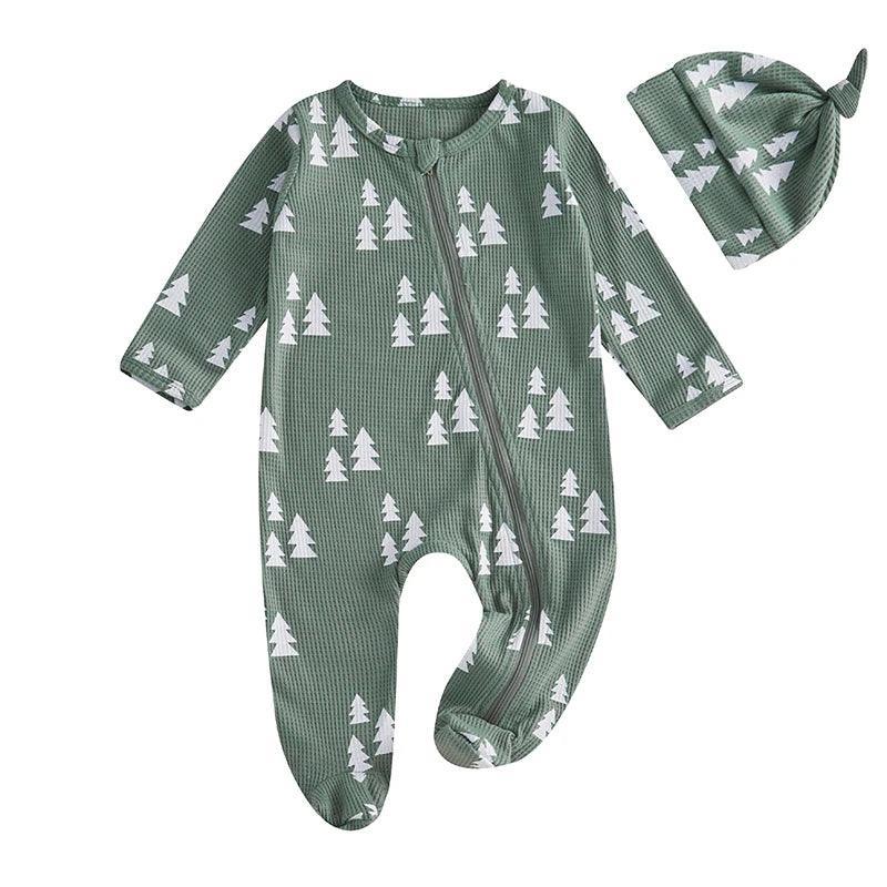 FOCUSNORM Newborn Baby Girls Boys Christmas Romper Sets Xmas Tree Print Long Sleeve Zip-Up Footed Jumpsuits Knot Hat - petguardiansupplies