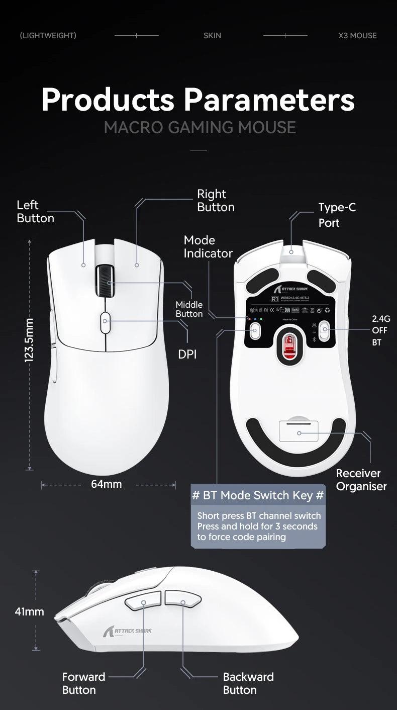 Attack Shark R1 Tri-Mode 2.4g-BT-Wired, PAW3311 18000DPI, 59g Lightweight Gaming Mouse - petguardiansupplies