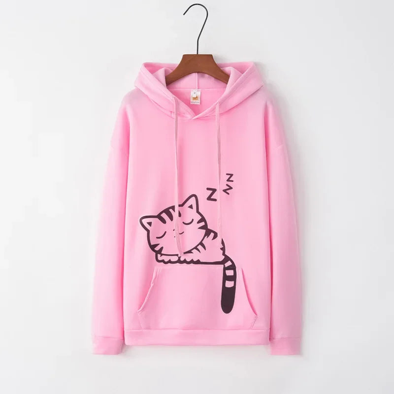 Women's Sweatshirt Cute Cat Ears Hooded Sweatshirt Fashion Cat Print Casual Long Sleeve Pullover - petguardiansupplies