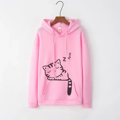 Women's Sweatshirt Cute Cat Ears Hooded Sweatshirt Fashion Cat Print Casual Long Sleeve Pullover - petguardiansupplies