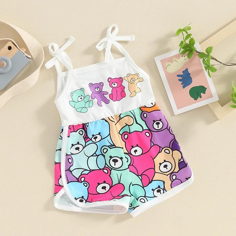 FOCUSNORM 0-4Y Toddler Baby Girls Cute Romper Summer Sleeveless Strap Cartoon Bear Print Jumpsuit for Newborn - petguardiansupplies