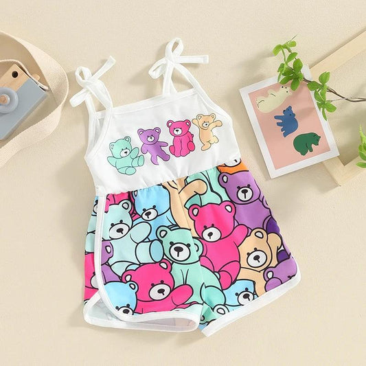 FOCUSNORM 0-4Y Toddler Baby Girls Cute Romper Summer Sleeveless Strap Cartoon Bear Print Jumpsuit for Newborn - petguardiansupplies