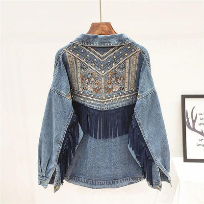 Denim Jacket Korean Floral Embroidery Suede Fringe Loose Chaquetas Mujer Coat Long Sleeve Outerwear Women Veste Femme - petguardiansupplies