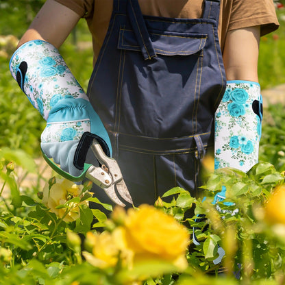 1 Pair Women's Long Gardening Gloves, Blue Print Leather, Thorn Proof, Breathable Gauntlet, Durable & Comfortable for Yard Work - petguardiansupplies