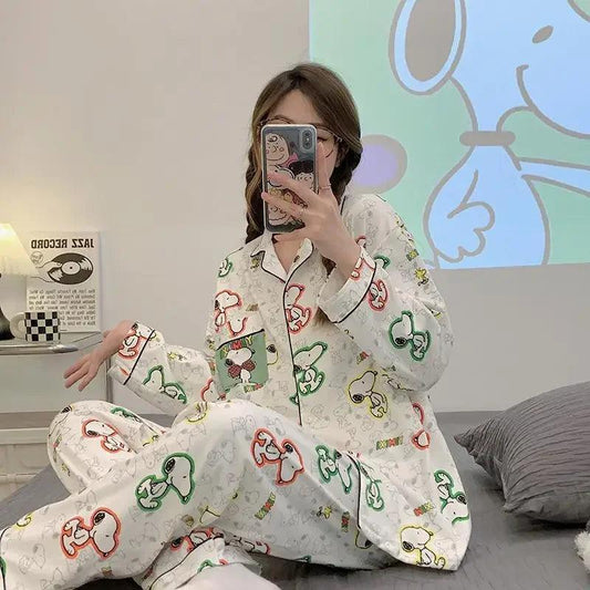 MINISO Kawaii Snoopy Anime Cartoon Cute Printed Pajamas Spring and Autumn Long sleeved Home Furnishing Two Piece Set - petguardiansupplies