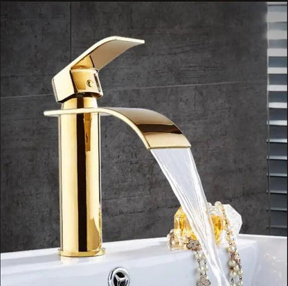 Basin Faucet Gold and white Waterfall Faucet Brass Bathroom Faucet Bathroom Basin Faucet Mixer Tap Hot and Cold Sink faucet - petguardiansupplies