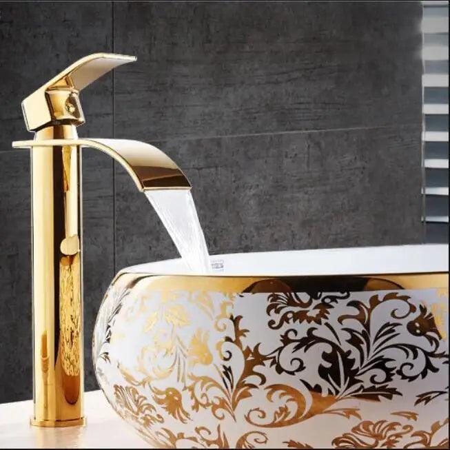 Basin Faucet Gold and white Waterfall Faucet Brass Bathroom Faucet Bathroom Basin Faucet Mixer Tap Hot and Cold Sink faucet - petguardiansupplies