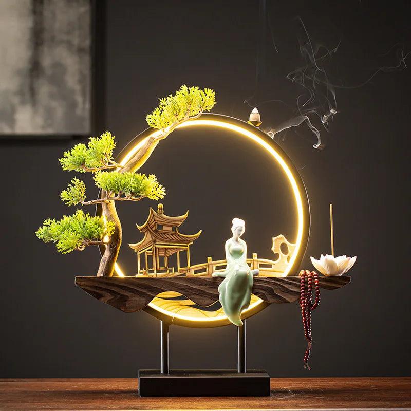 USB Light Ring Ornament LED Light Reflux Incense Burner Simulation Tree Ceramic Lotus Buddha Bead Home and Office Decoration - petguardiansupplies