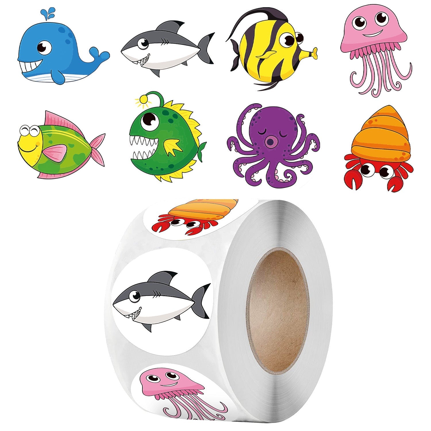 100-500 Pcs 1inch 2.5cm Sea Animal Stickers Roll Children's Toys Praise Reward Student Work Label Stationery Gift Sticker - petguardiansupplies