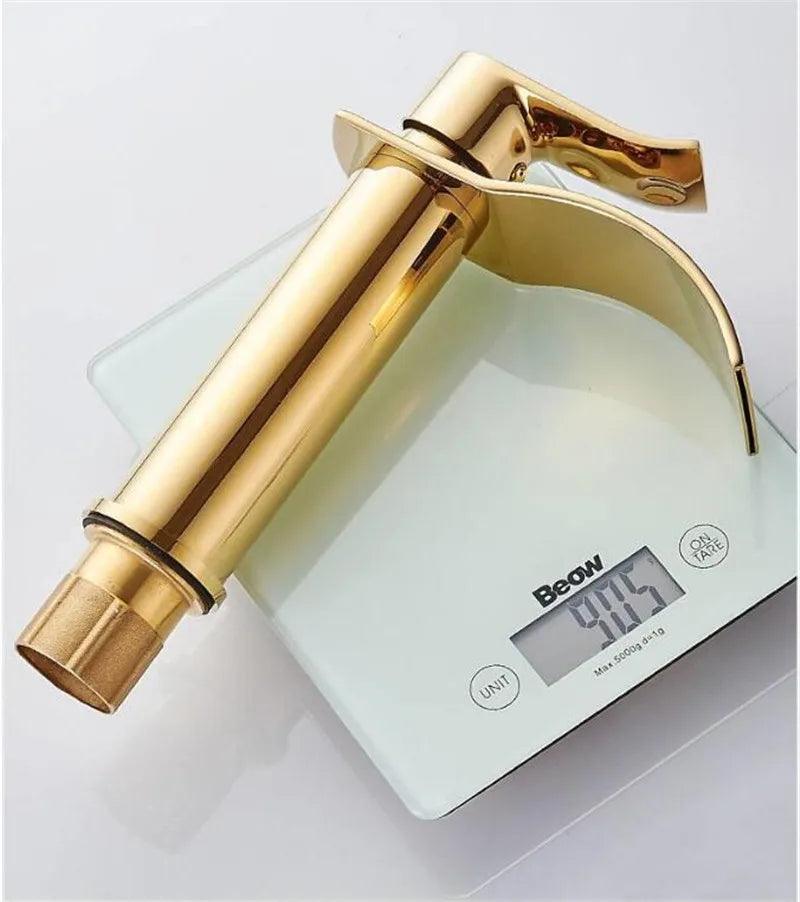 Basin Faucet Gold and white Waterfall Faucet Brass Bathroom Faucet Bathroom Basin Faucet Mixer Tap Hot and Cold Sink faucet - petguardiansupplies