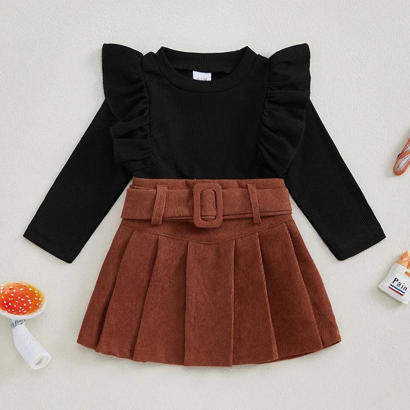 FOCUSNORM 0-4Y Little Kids Girls Autumn Clothes Set Long Sleeve Ruffled Solid Ribbed Tops Belt Short Pleated Skirts - petguardiansupplies