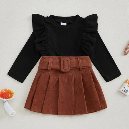 FOCUSNORM 0-4Y Little Kids Girls Autumn Clothes Set Long Sleeve Ruffled Solid Ribbed Tops Belt Short Pleated Skirts - petguardiansupplies