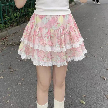 Mini Cake Skirts Women Pink Sweet Kawaii Floral Print Lace Ruffles Cutecore Japanese Style Y2k Elastic Waist Pleated Summer Chic - petguardiansupplies